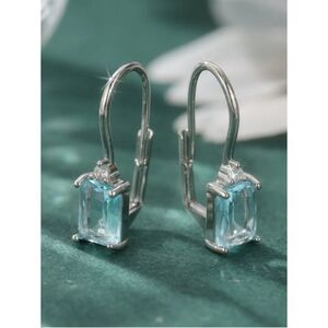 Lt Blue Zirconia Crystal Square Drop Earrings Silver Gemstone Princess Cut Dangl